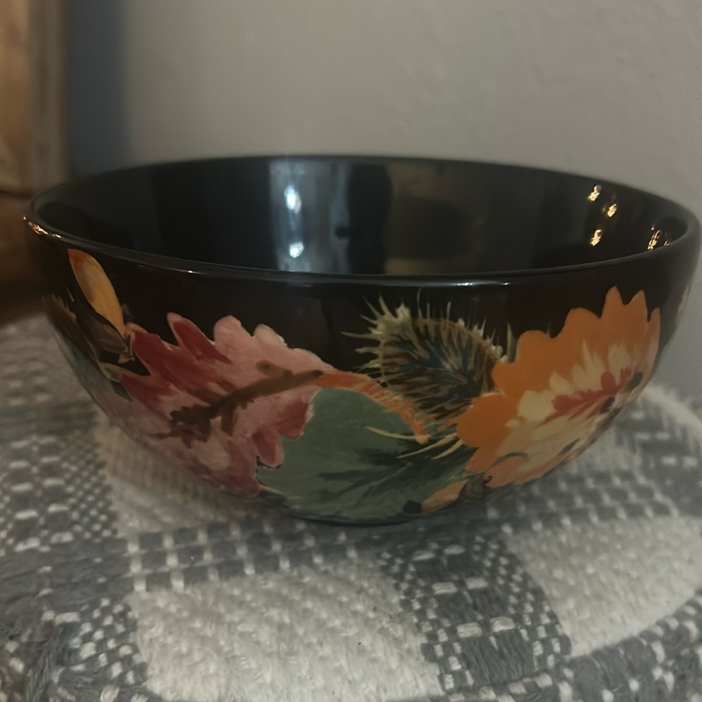 Anthropologie Black Bowl with Colorful Floral Pattern